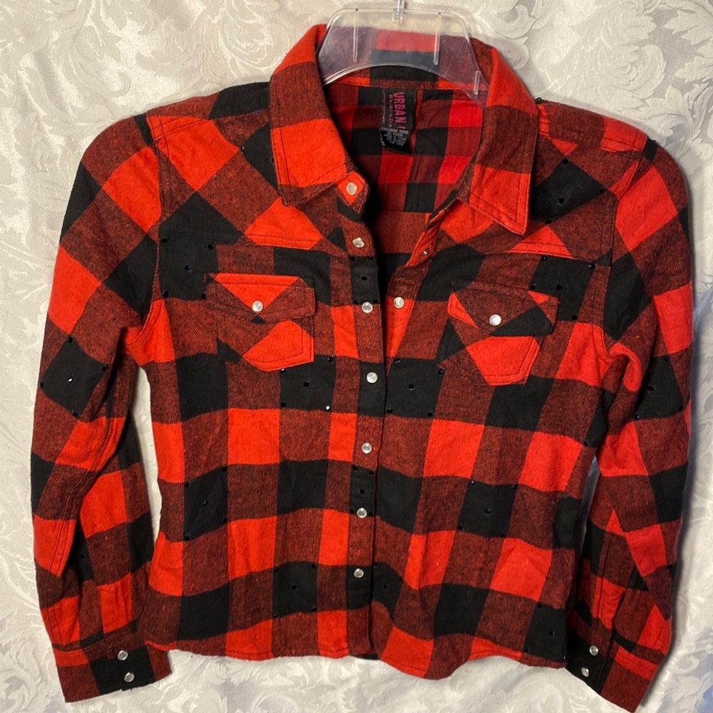 Dance wear Urban Groove LC snap front red black plaid flannel black rhinestone